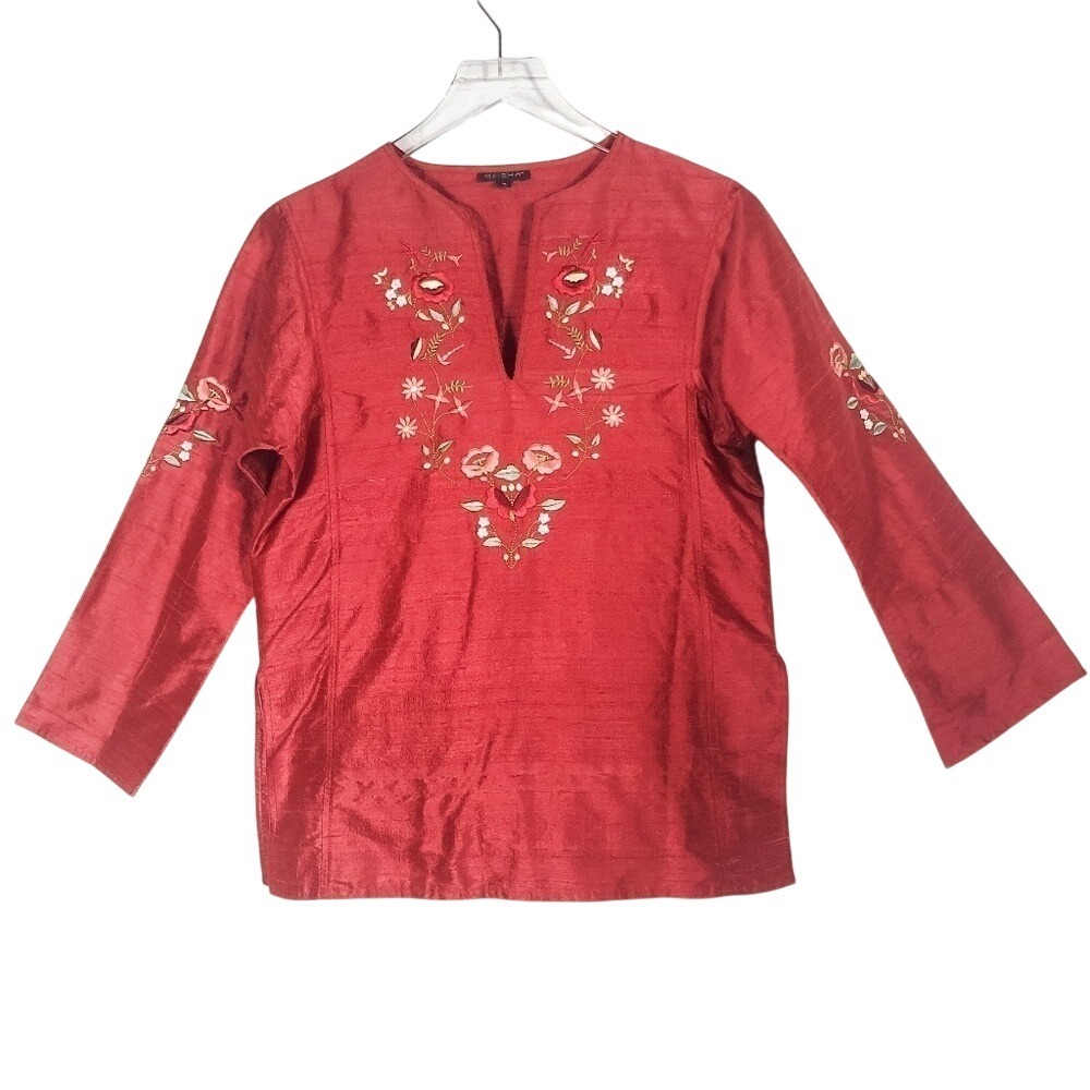 Vintage Geisha Embroidered Floral Red Shantung Silk Tunic‎